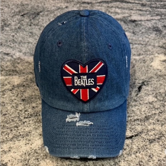 New Custom Designed Blue Distressed Baseball Cap with The Beatles Heart.